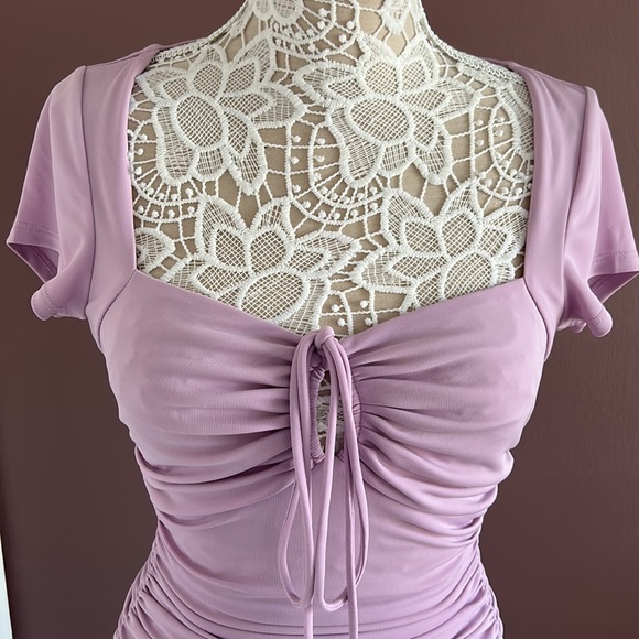 CINQ A SEPT Janis Square Neck Ruched Side Dress in Pale Iris - Picture 3 of 10